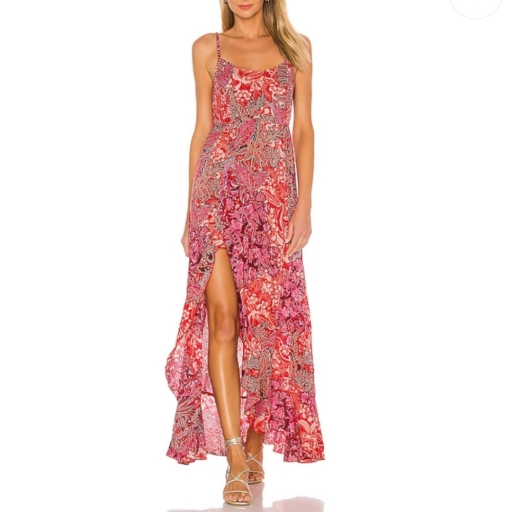 Free People Forever Yours Smocked Slip Dress Maxi Ruffled Slit Floral Red Sm NWT - Picture 1 of 16